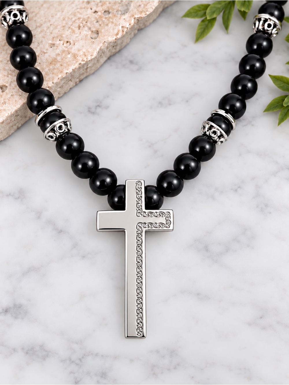 Estate Stainless Steel Cross Black Gemstone 7mm Beads Silver Toggle Heart Clasp